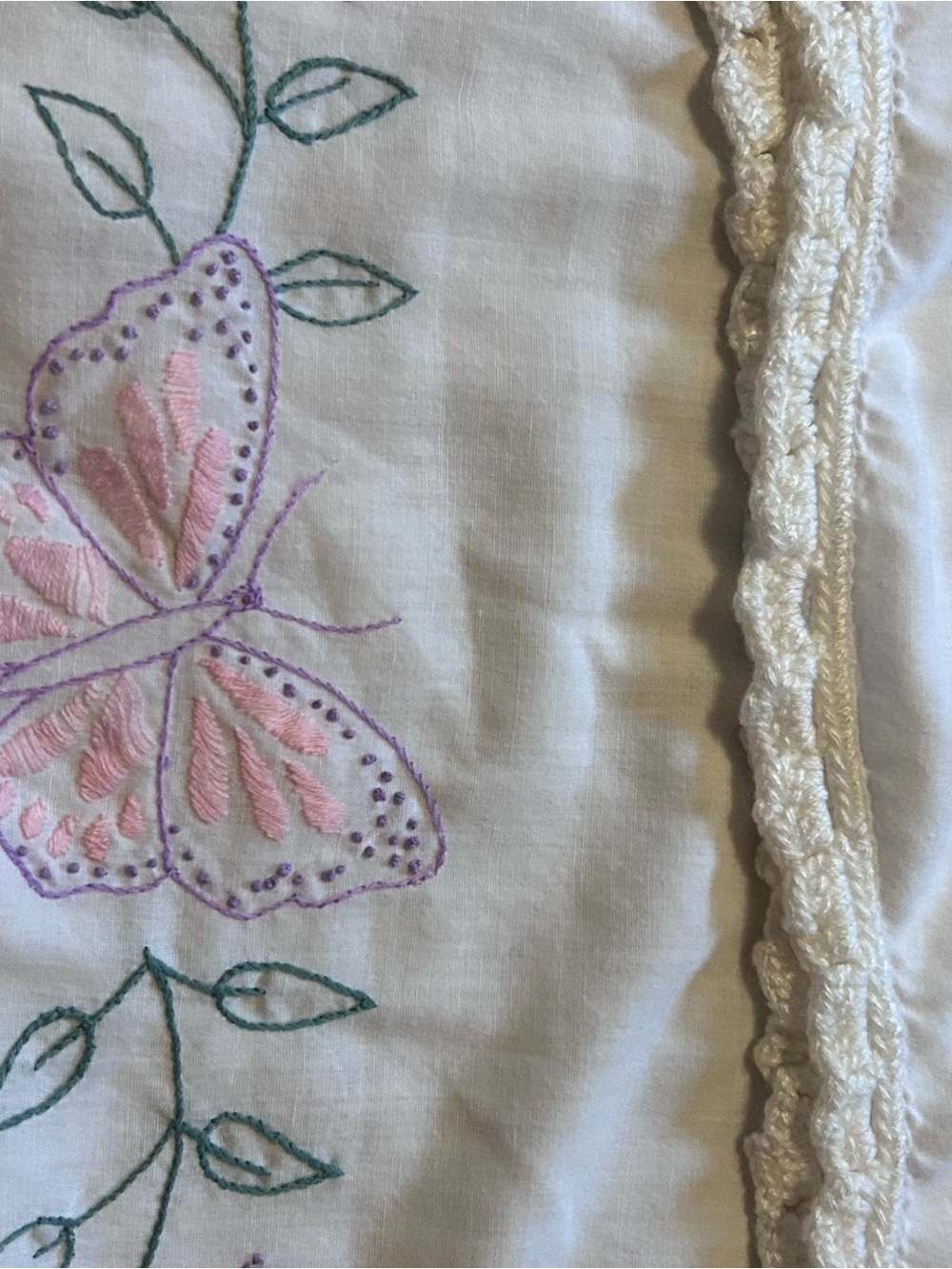 Vintage White Pillowcase Pair with Pink Butterfly Embroidery - Picture 2 of 6